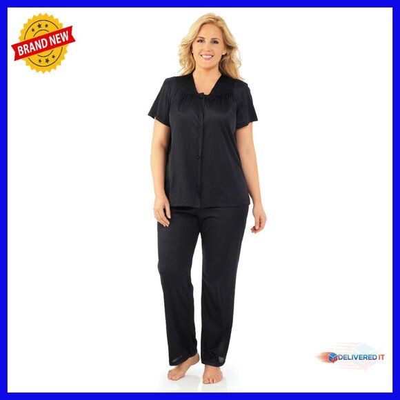 Other - Soft Nylon Pajama Set with Floral Embroidery, Short Sleeve, Elastic Waist